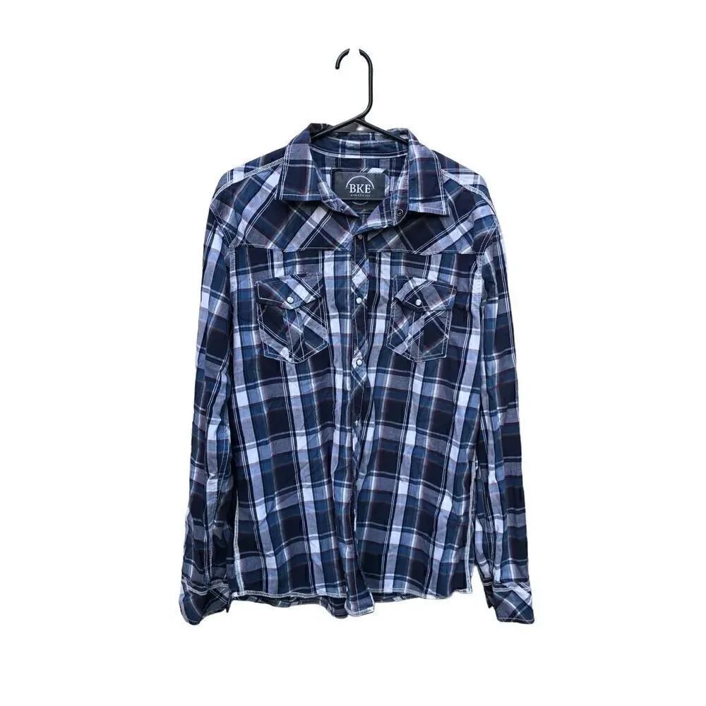 BKE Mens Size Large (L) Pearl Snap Athletic FIt Plaid Navy